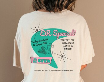 Retro Emergency Room Parody Shirt, Medical Joke Tee for ER Physicians, Nurses and ed Techs, Funny Emergency room Diner Turkey Sandwich Tee