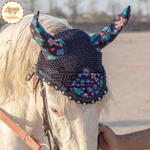 Handmade Crochet Horse Fly Bonnet Ear Net Fly Veil Hood Mask Hand Made Crochet Cotton Ears with two piping diamond crystal stones