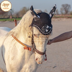 Handmade Crochet Horse Fly Bonnet Ear Net Fly Veil Hood Mask Hand Made Crochet Cotton Ears with two piping diamond crystal stones