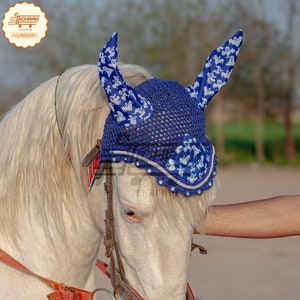 Handmade Blue Horse Fly Bonnet Ear Net Fly Veil Hood Mask Hand Made Crochet Cotton Ears with two piping diamond crystal stones