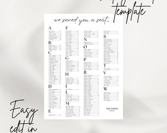 May include: A black and white wedding seating chart template with the text "Wedding seating chart template" and "we saved you a seat..."  The chart is divided into alphabetical sections with names listed under each letter. The bottom of the chart says "THE SMITHS 08.20.22".