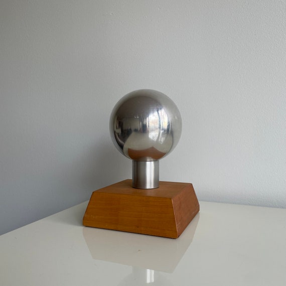 Vintage Industrial Stainless Steel Orb on Wooden Stand