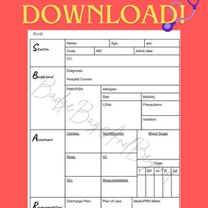 May include: A digital download template for medical professionals, featuring a structured layout for patient assessment and care planning. The design includes sections for patient information, background, assessment, and recommendations, with the text "DIGITAL DOWNLOAD!" at the top.