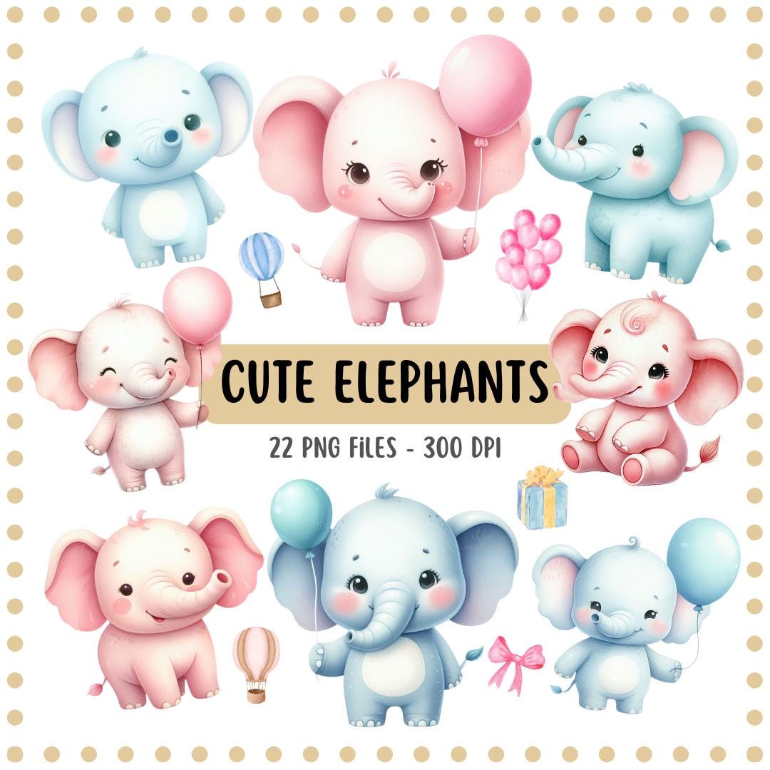 Elephant Baby Shower PNG Clipart Bundle, Watercolor Animals, Baby ...