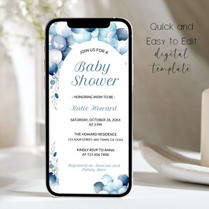 Editable Baby Shower Invitation Template, Boy Baby Shower Invite, Blue Balloon Invite, Electronic Baby Shower Invite Boy, Evite, BSI001