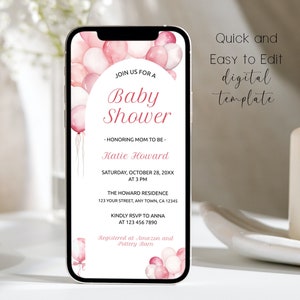 Editable Baby Shower Invitation Template, Girl Baby Shower Invite, Pink Balloon Invite, Electronic Baby Shower Invite Girl, Evite, BSI002