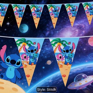 May include: A decorative bunting banner featuring triangular pennants with a repeating graphic of the blue character Stitch and a pink character on a sandy beach with palm trees, set against a dark blue outer space background with planets.