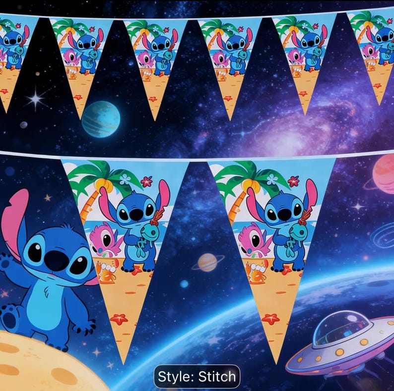 May include: A decorative bunting banner featuring triangular pennants with a repeating graphic of the blue character Stitch and a pink character on a sandy beach with palm trees, set against a dark blue outer space background with planets.