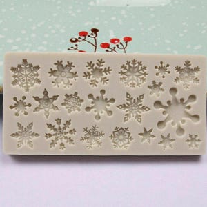 May include: A silicone mold with 18 snowflake and star shapes. The mold is light gray and has a smooth surface.