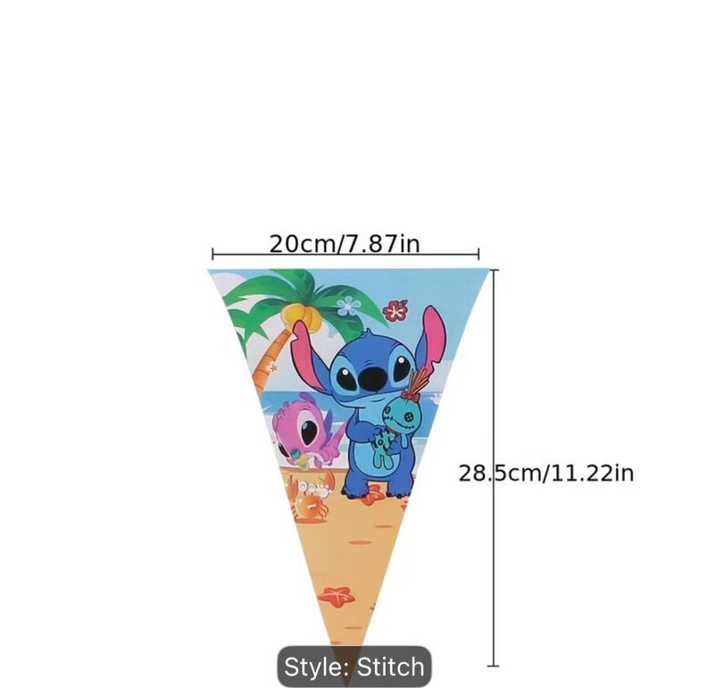 May include: A triangular pennant flag featuring a cartoon graphic of Stitch, Angel, and Scrump on a beach with palm trees. The flag measures 7.87 inches in width and 11.22 inches in height. The text "Style: Stitch" is printed at the bottom.
