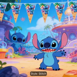 May include: A triangular bunting banner featuring a repeating graphic of the blue character Stitch on a sandy beach with palm trees. Below the banner, a large blue Stitch character stands on a sandy ground with a colorful tropical background.