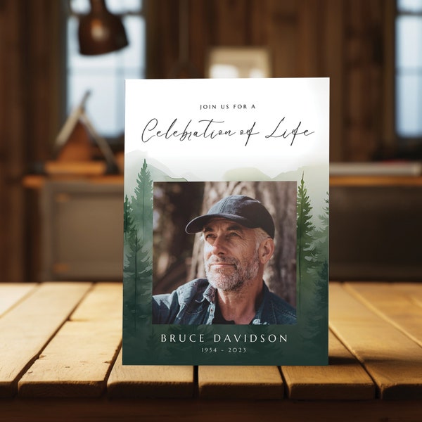 Forest Woods Celebration of Life Program - Instant Download | Printable Canva Template | Funeral Program for a man | Mountain Watercolor