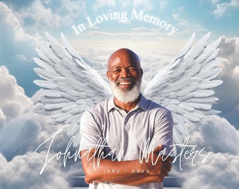 Customizable Memorial Photo - 10 Images + Template | Angel Background | Wings & Stairway to Heaven | Edit Anywhere!