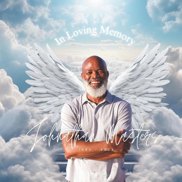 Customizable Memorial Photo - 10 Images + Template | Angel Background | Wings & Stairway to Heaven | Edit Anywhere!