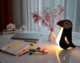 Puffin night light, Papermache bedside reading lamp, New home presents, Decorative table lighting, Unique xmas gift for bird lovers, seabird