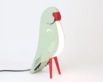 Bureaulamp groene papegaai met ringvormige hals, papiermache-upcycleverlichting, nieuwe huiscadeaus, cadeau voor vogelliefhebbers, minimalistisch kerstcadeau, recyclen