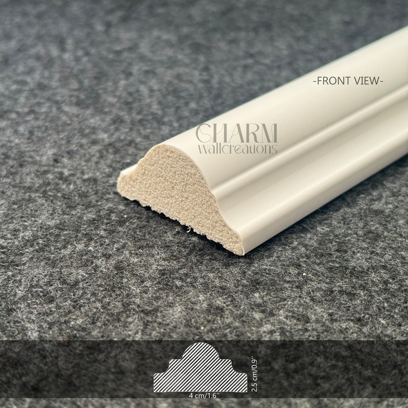 May include: White decorative molding with a rounded edge and a slight curve. The molding is 4 inches long and 2.5 inches wide. -FRONT VIEW- CHARM wallcreations.