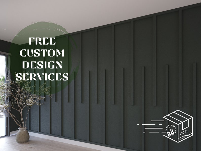 K&ouml;nnte beinhalten: Eine dunkelgr&uuml;ne Wand mit vertikalen Holzpaneelen. Der Text "FREE CUSTOM DESIGN SERVICES" ist in Wei&szlig; auf einem gr&uuml;nen Kreis in der oberen linken Ecke geschrieben. Eine kleine Topfpflanze befindet sich in der unteren linken Ecke. Ein wei&szlig;er Kasten mit dem Text "FREE SHIPPING" befindet sich in der unteren rechten Ecke.