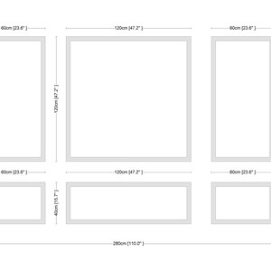 May include: Diagram showing the dimensions of six rectangular frames. The frames are arranged in a grid pattern with three frames in the top row and three frames in the bottom row. The frames are all white and have black outlines. The dimensions of each frame are labeled in inches and centimeters.
