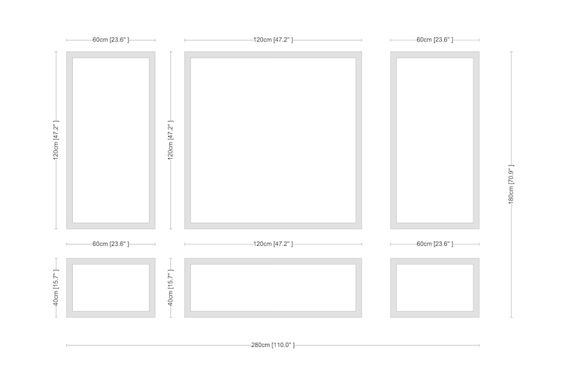 May include: Diagram showing the dimensions of six rectangular frames. The frames are arranged in a grid pattern with three frames in the top row and three frames in the bottom row. The frames are all white and have black outlines. The dimensions of each frame are labeled in inches and centimeters.