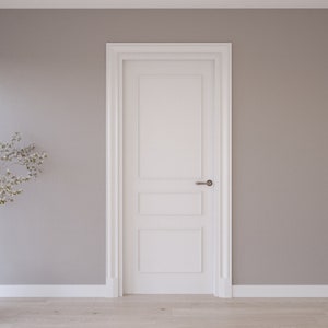 May include: A white door with a single panel and a silver door handle, set in a white frame against a light grey wall.