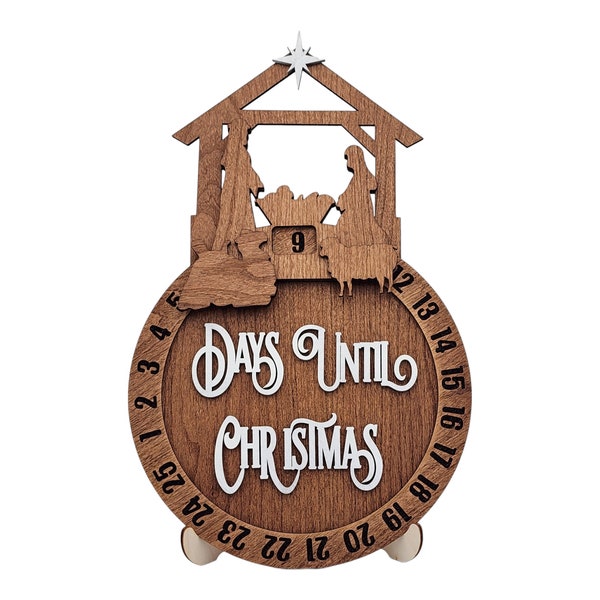 Handcrafted Nativity Scene Advent Calendar - Stained Cherry Wood - Desktop Christmas Countdown Decor