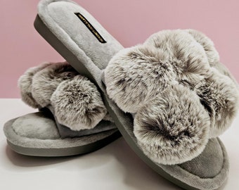 Grey Velour Slippers With Faux Fur Pom Poms Pretty You London