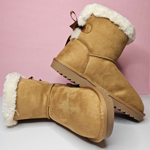 Cosy Soft Faux Fur Suede Ankle Snug Boots with Bow (Gift Idea)