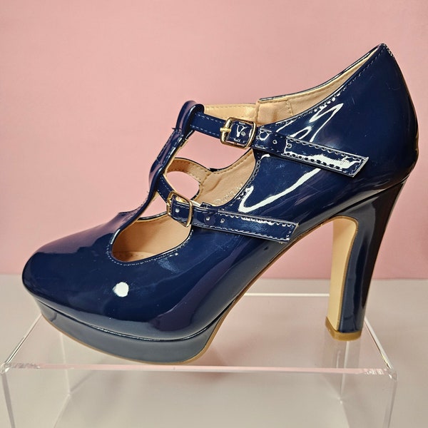 Navy Blue Patent Platform High Heel Mary Jane Style Shoe with Adjustable Straps