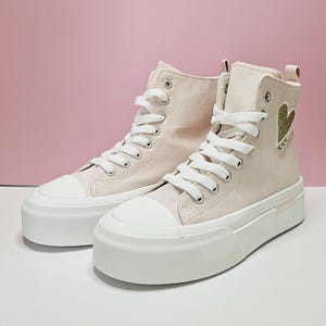 Baby Pink High Top Platform Ankle Canvas Trainers With Embroidered Gold ...