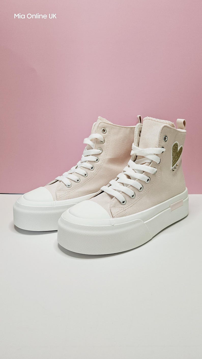 Baby Pink High Top Platform Ankle Canvas Trainers With Embroidered Gold ...
