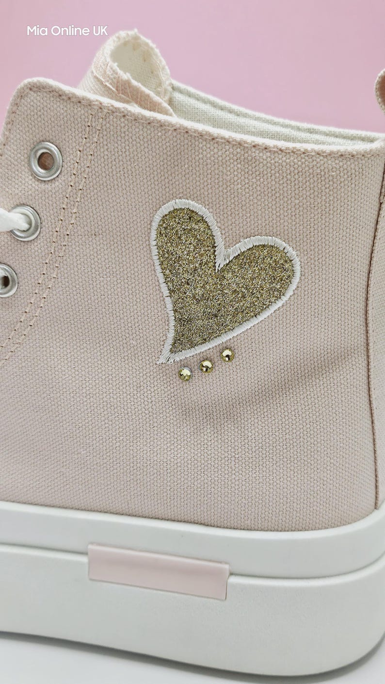 Baby Pink High Top Platform Ankle Canvas Trainers With Embroidered Gold ...