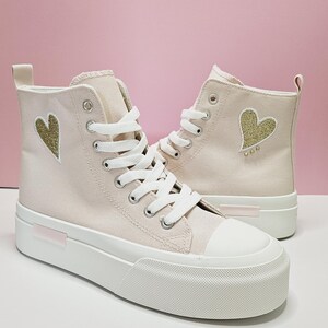 Baby Pink High Top Platform Ankle Canvas Trainers With Embroidered Gold ...