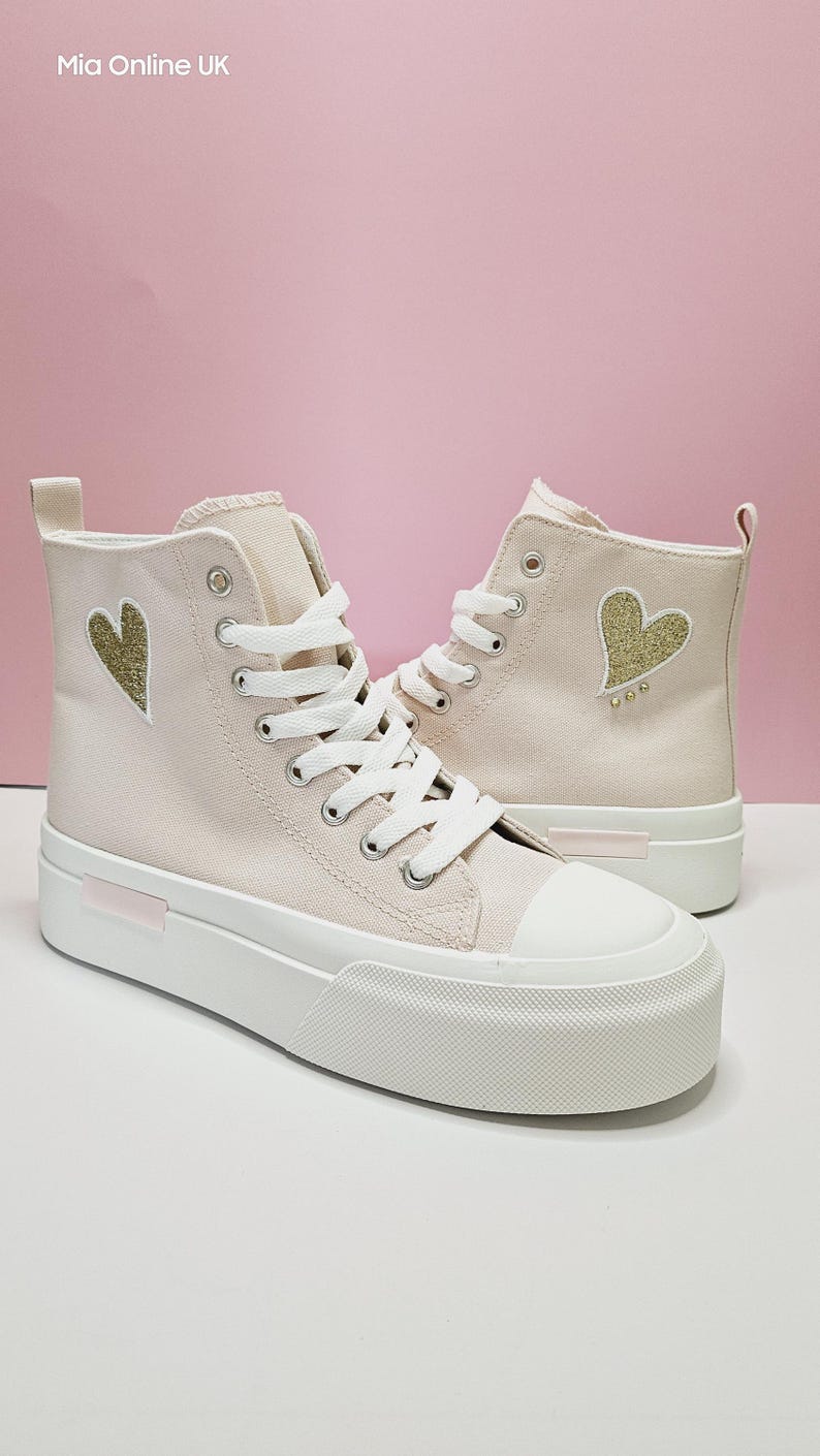 Baby Pink High Top Platform Ankle Canvas Trainers With Embroidered Gold ...