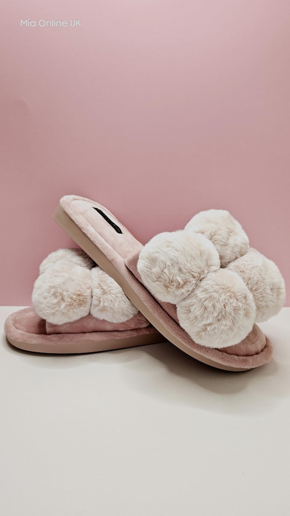 Velour Pom Pom Slippers: Open Toe Rubber Sole by Pretty You London