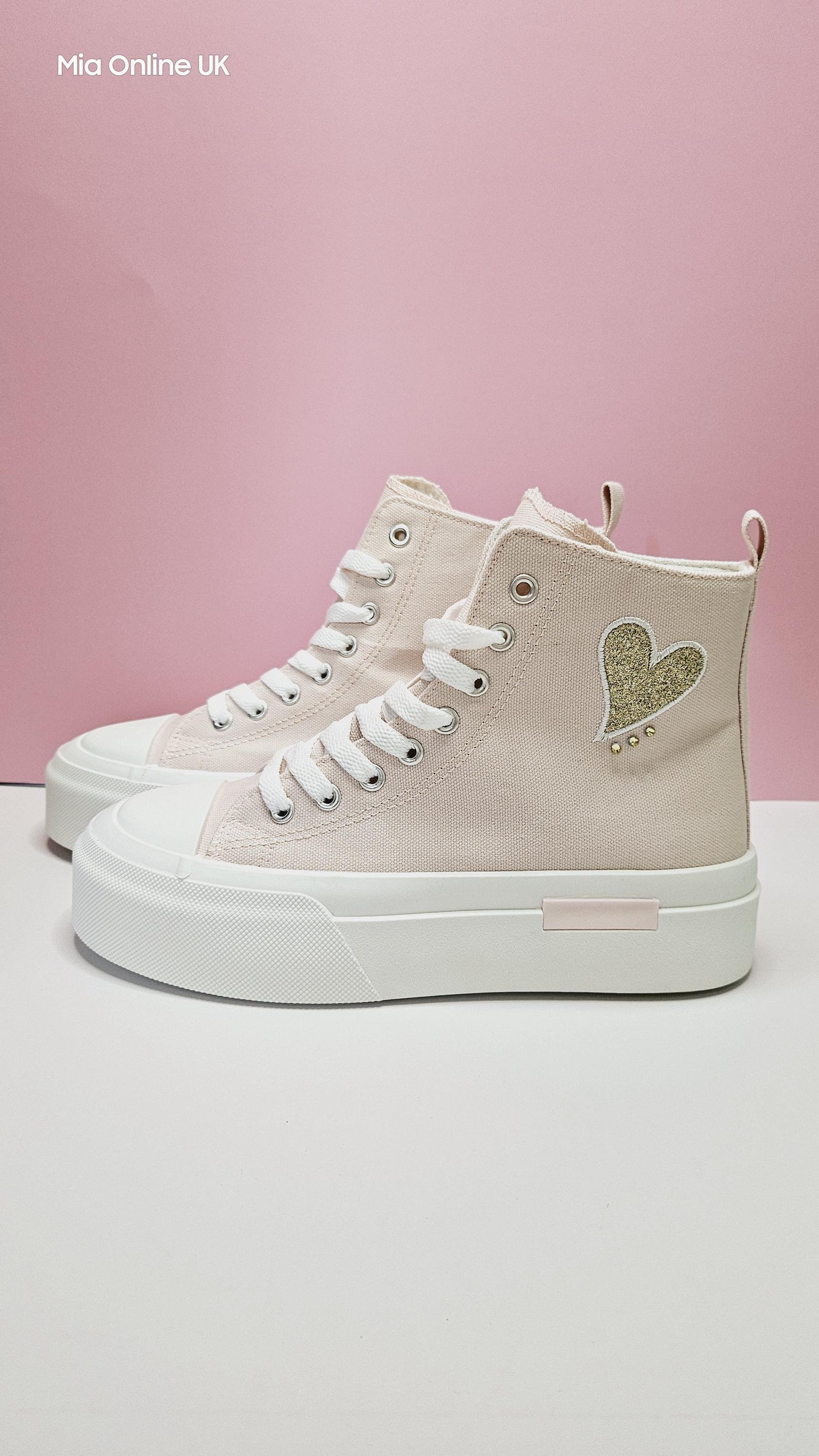 Baby Pink High Top Platform Ankle Canvas Trainers With Embroidered Gold ...