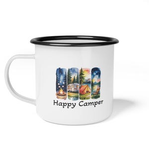 Enamel Camp Cup - Happy Camper Camping Mug, Outdoor Adventure Coffee Mug, Campfire Enamel Mug, Rustic Camping Cup, Retro Camper Tea Cup