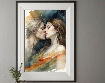 Couple amoureux Aquarelle art mural - Peinture romantique, Haute Qualité, Cadeau Idéal