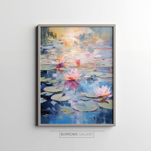 Lilies Cooler Sonnenuntergang, Seerosenteich, Reflektierter Sonnenuntergang, Impressionismus Druck, Ölgemälde, digital druckbare Kunst, herunterladbare Kunst, Wandkunst