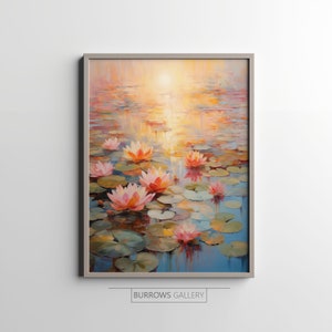 Lilien, warmer Sonnenuntergang, Seerosenteich, reflektierter Sonnenuntergang, Impressionismus Druck, Ölgemälde, digital druckbare Kunst, herunterladbare Kunst, Wandkunst