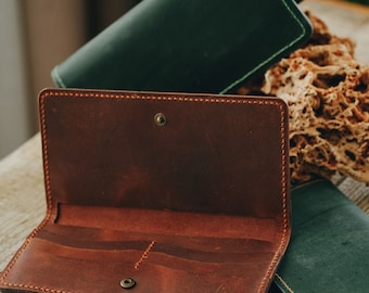 Handstitched Leather Long Wallet: Engraved Phone Wallet for Women