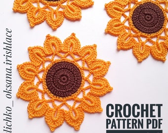 Sunflower crochet pattern Irish lace crochet pattern  Crochet flower pattern  Easy crochet lace Floral applique DIY