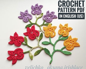 Crochet branch of leaves and flowers  Crochet tutorial PDF Irish lace crochet pattern Сrochet flower Сrochet vine