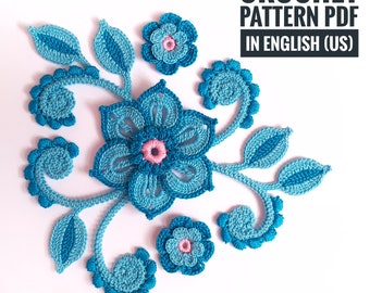 SET Irish Crochet Flower Leaf PATTERN  Ireland Lace Motifs - easy crochet leaves and flowers - crochet tutorial PDF - Irish lace pattern