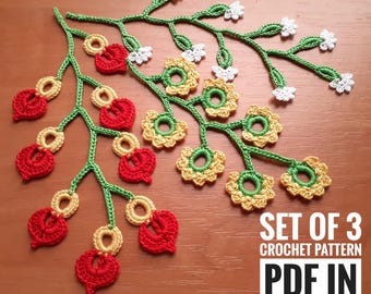 Crochet Flower Branch Pattern: Irish Lace Motifs (Set of 3) (PDF)