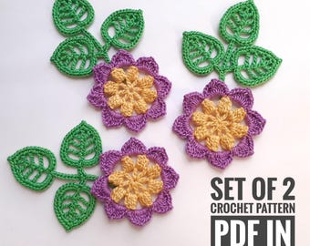 May include: A set of two crochet flower patterns in PDF format. The flowers are purple and yellow with green leaves. The text "SET OF 2 CROCHET PATTERN PDF IN ENGLISH (US)" is visible in the image.