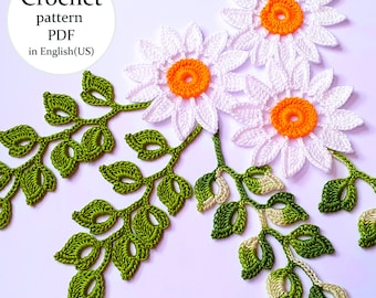 A set of crochet patterns for flowers. Leaves and flowers. Crochet instructions in PDF. Irish crochet lace motifs. Crochet master class.