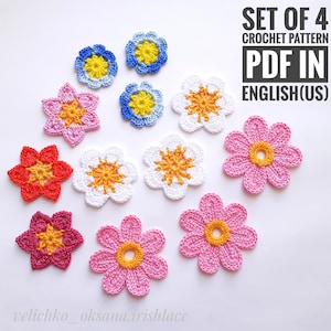 エレガントなレースの花のかぎ針編みパターン 4 点セット - 花のモチーフ PDF チュートリアル アイルランドのレースの花のかぎ針編みパターン バンドル