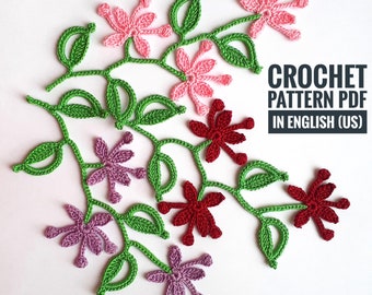 Crochet branch of leaves and flowers  Irish Crochet Applique PATTERN   Fantasy Flower Leaf   Lace Motifs Сrochet flower Сrochet vine