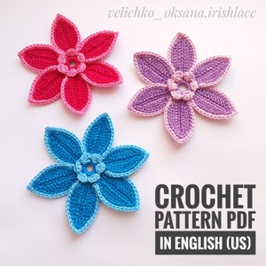 かぎ針編みの花のパターン 英語のかぎ針編みのパターン かぎ針編みのパターンモチーフの花のアップリケ ホームデコレーション - モチーフ 3D かぎ針編みのパターン